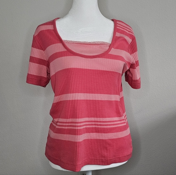 Erika Tops - Vintage Y2K Erika Petite Striped Feminine Short Sleeve X-Large